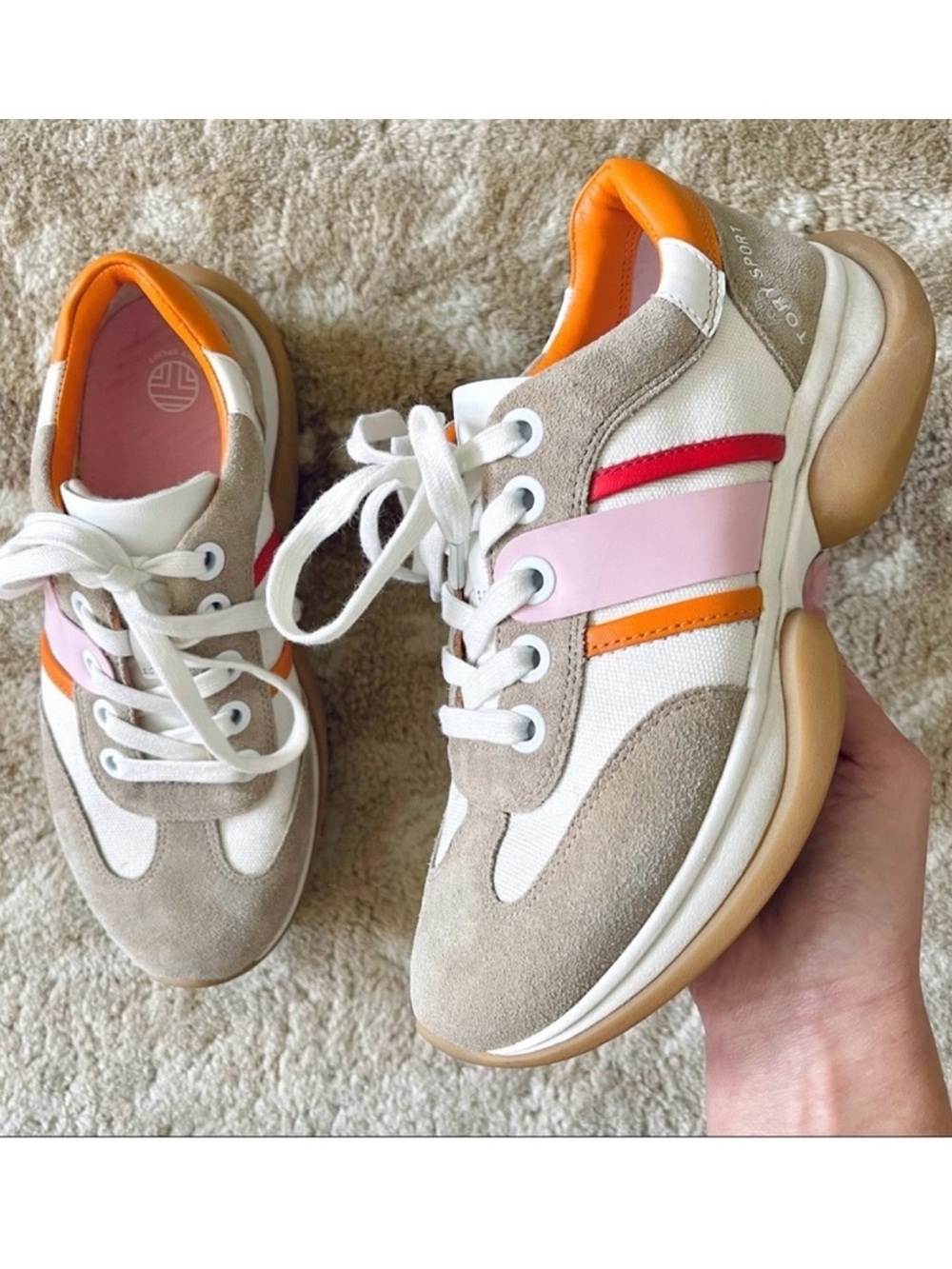 Tory Burch Sport Bubble Stripe Lace-up Sneaker Multi White Pink Tan Suede Sz 6.5